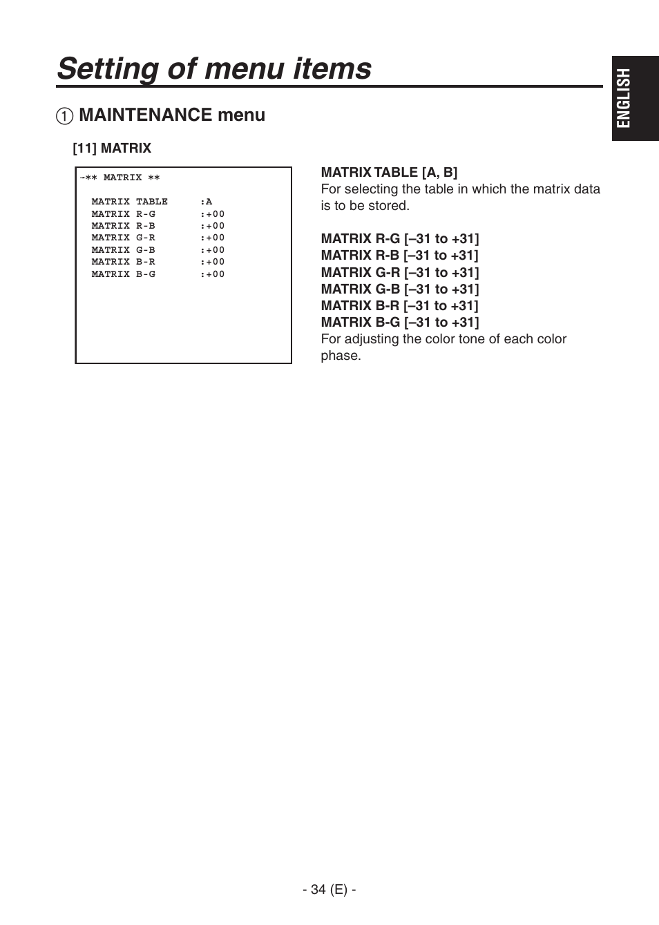 Ak-hc1500goperators manual 35.pdf, Setting of menu items, Maintenance menu | Panasonic AK-HC1500G User Manual | Page 35 / 52