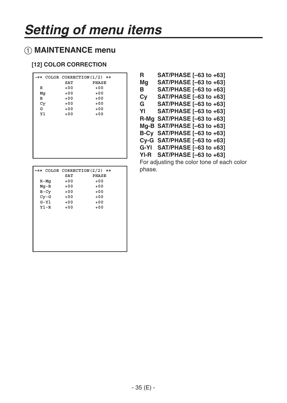 Ak-hc1500goperators manual 36.pdf, Setting of menu items, Maintenance menu | Panasonic AK-HC1500G User Manual | Page 36 / 52