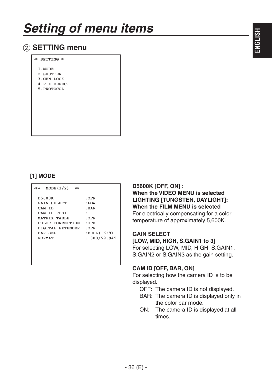 Ak-hc1500goperators manual 37.pdf, Setting of menu items, Setting menu | Panasonic AK-HC1500G User Manual | Page 37 / 52