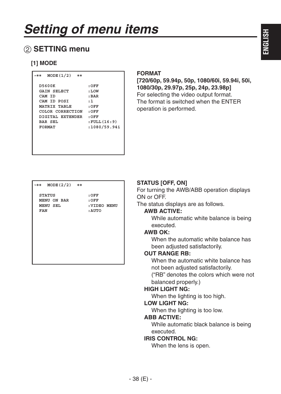 Ak-hc1500goperators manual 39.pdf, Setting of menu items, Setting menu | Panasonic AK-HC1500G User Manual | Page 39 / 52
