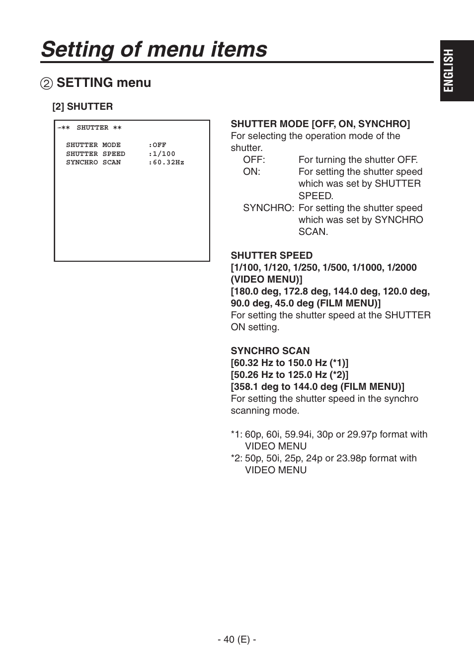 Ak-hc1500goperators manual 41.pdf, Setting of menu items, Setting menu | Panasonic AK-HC1500G User Manual | Page 41 / 52