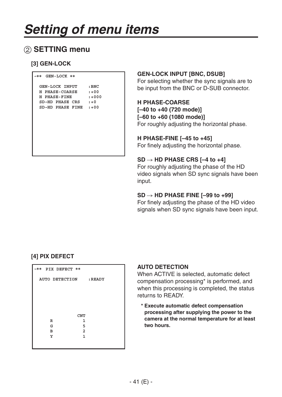 Ak-hc1500goperators manual 42.pdf, Setting of menu items, Setting menu | Panasonic AK-HC1500G User Manual | Page 42 / 52