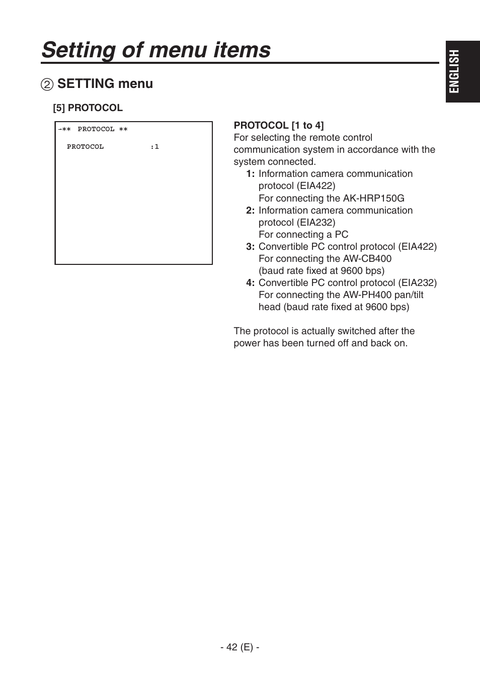 Ak-hc1500goperators manual 43.pdf, Setting of menu items, Setting menu | Panasonic AK-HC1500G User Manual | Page 43 / 52