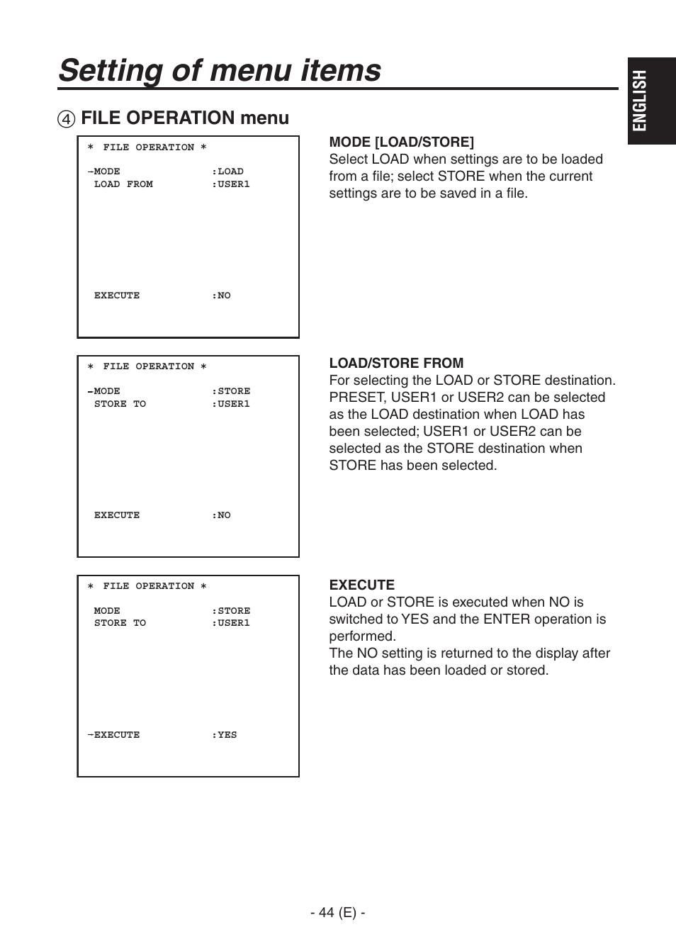 Ak-hc1500goperators manual 45.pdf, Setting of menu items, File operation menu | English | Panasonic AK-HC1500G User Manual | Page 45 / 52