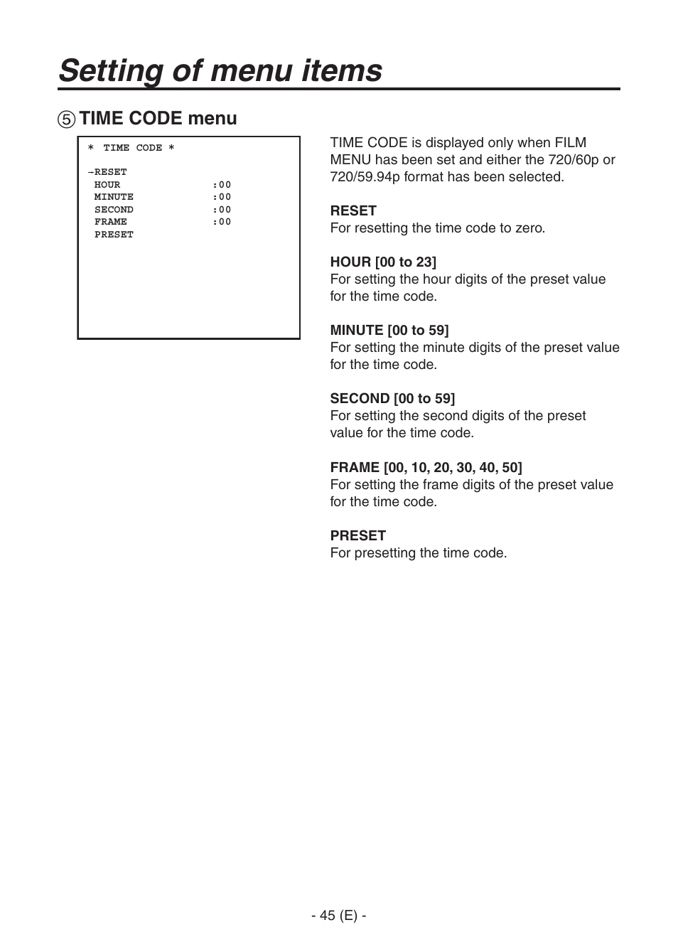 Ak-hc1500goperators manual 46.pdf, Setting of menu items, Time code menu | Panasonic AK-HC1500G User Manual | Page 46 / 52