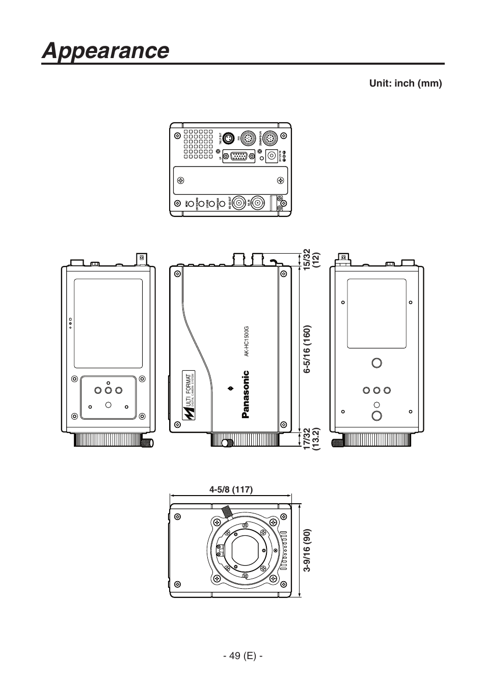 Ak-hc1500goperators manual 50.pdf, Appearance, 49 (e) | Unit: inch (mm) | Panasonic AK-HC1500G User Manual | Page 50 / 52