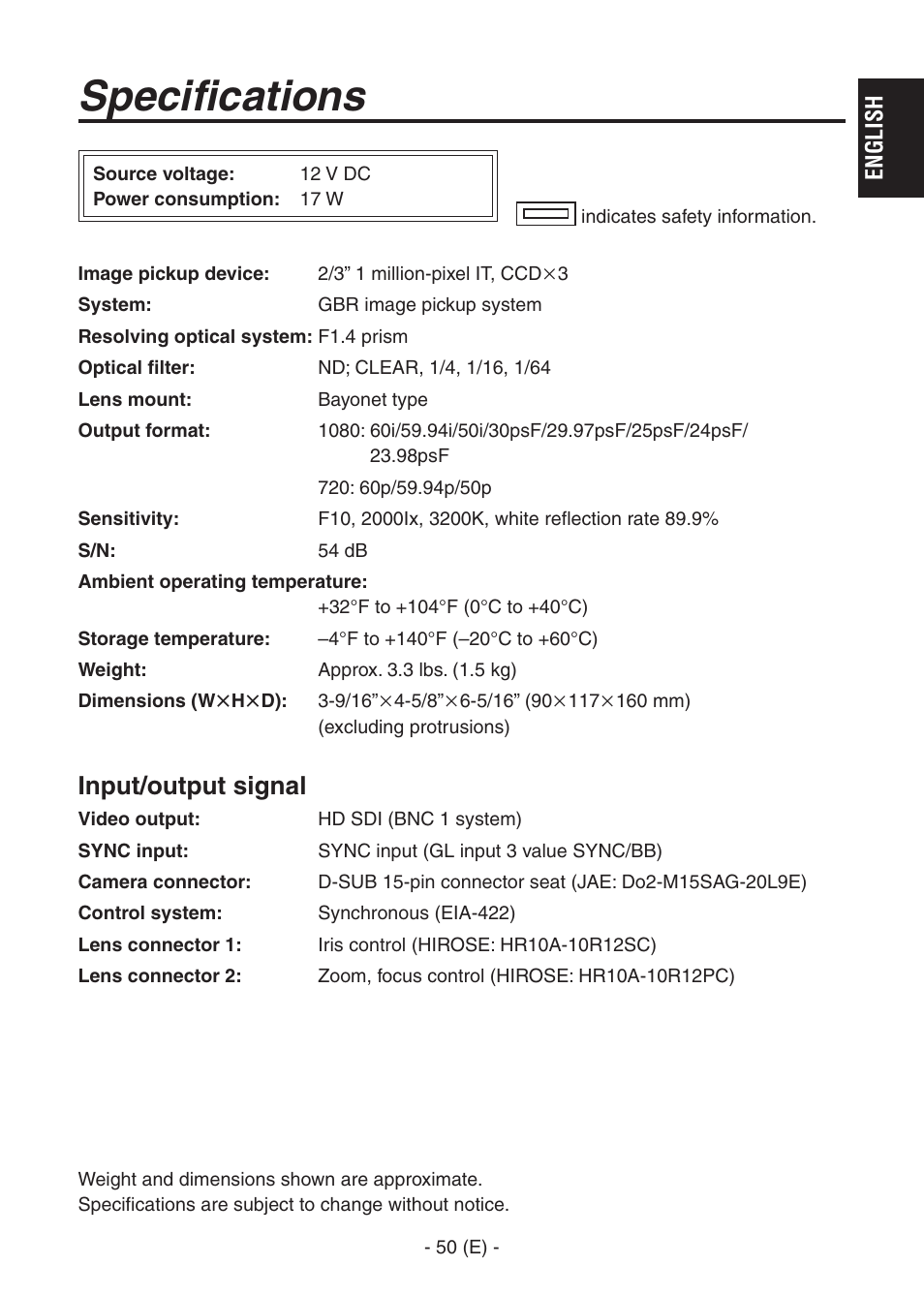 Ak-hc1500goperators manual 51.pdf, Specifications, Input/output signal | English | Panasonic AK-HC1500G User Manual | Page 51 / 52