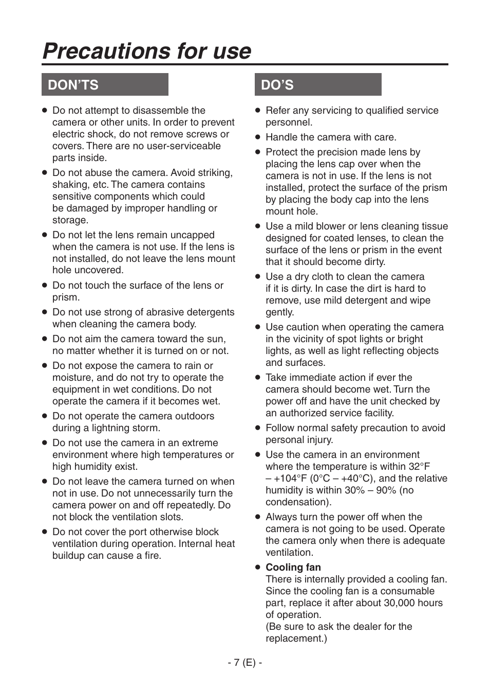 Ak-hc1500goperators manual 8.pdf, Precautions for use, Don’ts do’s | Panasonic AK-HC1500G User Manual | Page 8 / 52