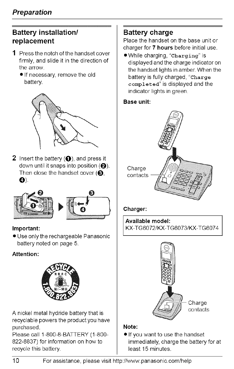 Battery installation/ replacement, Important, Attention | Battery charge, Base unit, Charger, Note, Preparation battery installation/ replacement | Panasonic 5.8 GHZ EXPANDABLE DIGITAL CORDLESS ANSWERING SYSTEM KX-TG6074 User Manual | Page 10 / 56