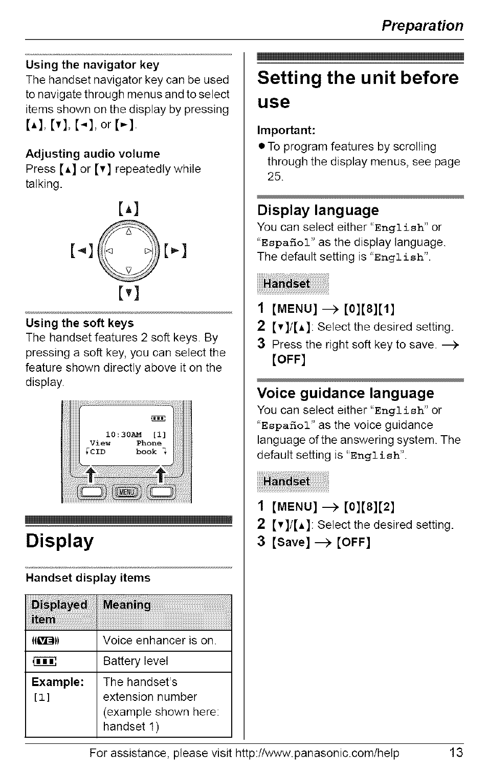 Using the navigator key, Adjusting audio volume, Display | Setting the unit before use, Important, Display language, Hahdsét, 1 [menu] ^ [0][8][1, Voice guidance language, Handset | Panasonic 5.8 GHZ EXPANDABLE DIGITAL CORDLESS ANSWERING SYSTEM KX-TG6074 User Manual | Page 13 / 56