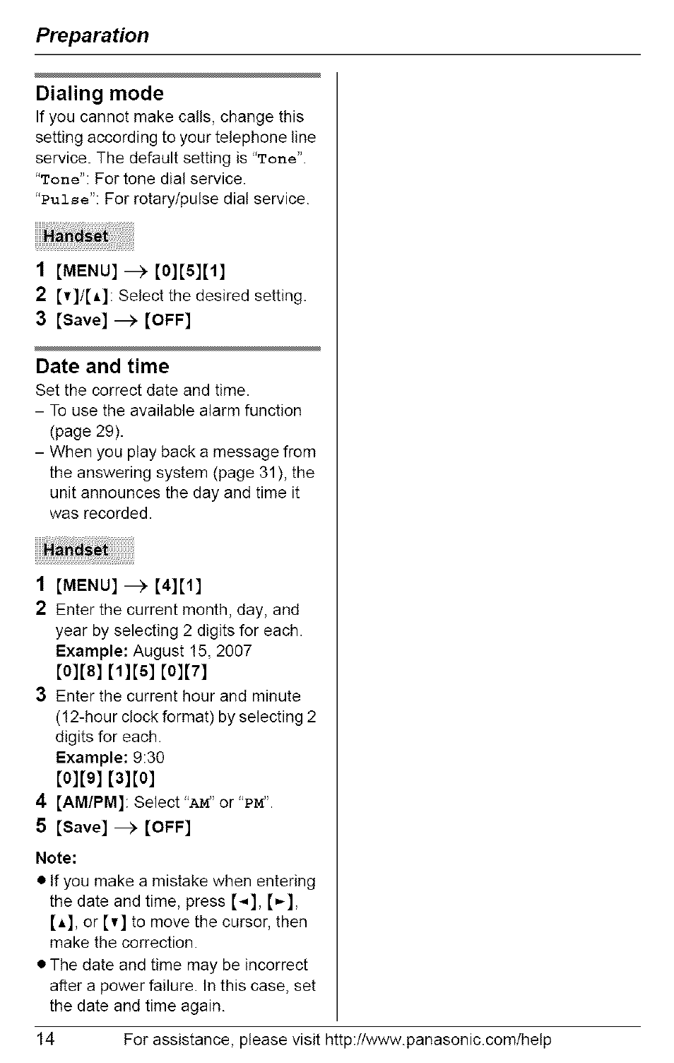 Dialing mode, Handset, 1 [menu] ^ [0][5][1 | 3 [save] —> [off, Date and time, 1 [menu] ^ [4][1, 5 [save] —> [off, Note, Preparation dialing mode | Panasonic 5.8 GHZ EXPANDABLE DIGITAL CORDLESS ANSWERING SYSTEM KX-TG6074 User Manual | Page 14 / 56