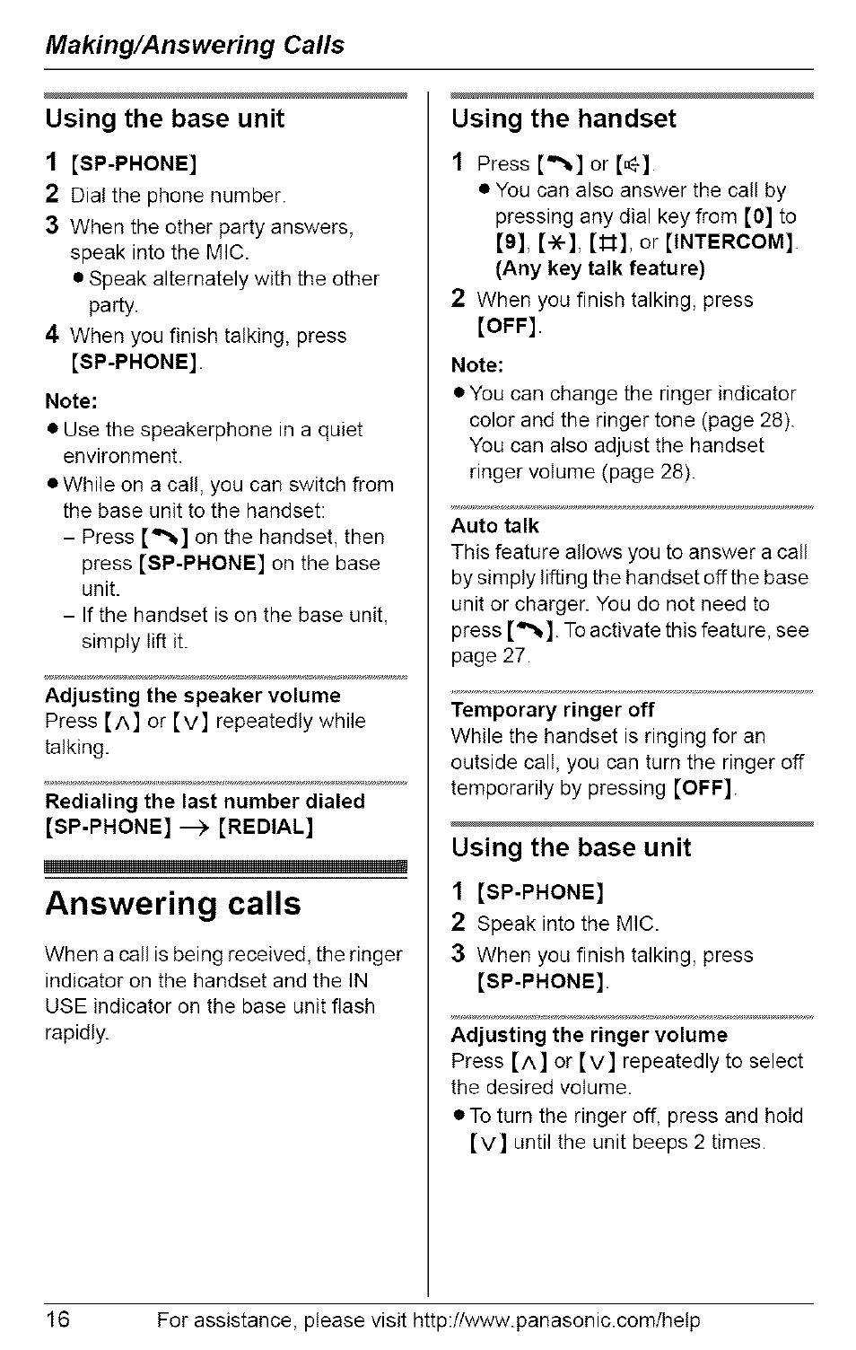 1 [sp-phone, Note, Adjusting the speaker volume | Auto talk, Temporary ringer off, Adjusting the ringer volume, Answering calls, Making/answering calls using the base unit, Using the handset, Using the base unit | Panasonic 5.8 GHZ EXPANDABLE DIGITAL CORDLESS ANSWERING SYSTEM KX-TG6074 User Manual | Page 16 / 56