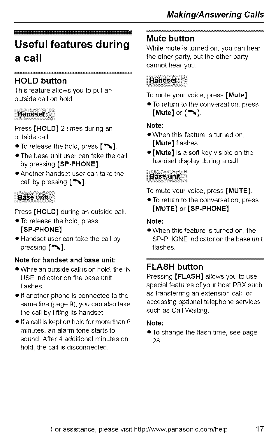 Useful features during a call, Hold button, Handset i | Base unit, Note for handset and base unit, Mute button, Handset, Note, Base tinit, Flash button | Panasonic 5.8 GHZ EXPANDABLE DIGITAL CORDLESS ANSWERING SYSTEM KX-TG6074 User Manual | Page 17 / 56