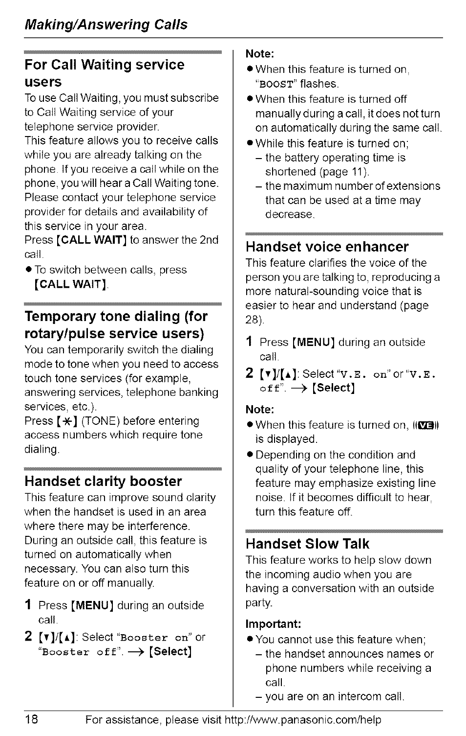 For call waiting service users, Handset clarity booster, Note | Handset voice enhancer, Handset slow talk, Important | Panasonic 5.8 GHZ EXPANDABLE DIGITAL CORDLESS ANSWERING SYSTEM KX-TG6074 User Manual | Page 18 / 56