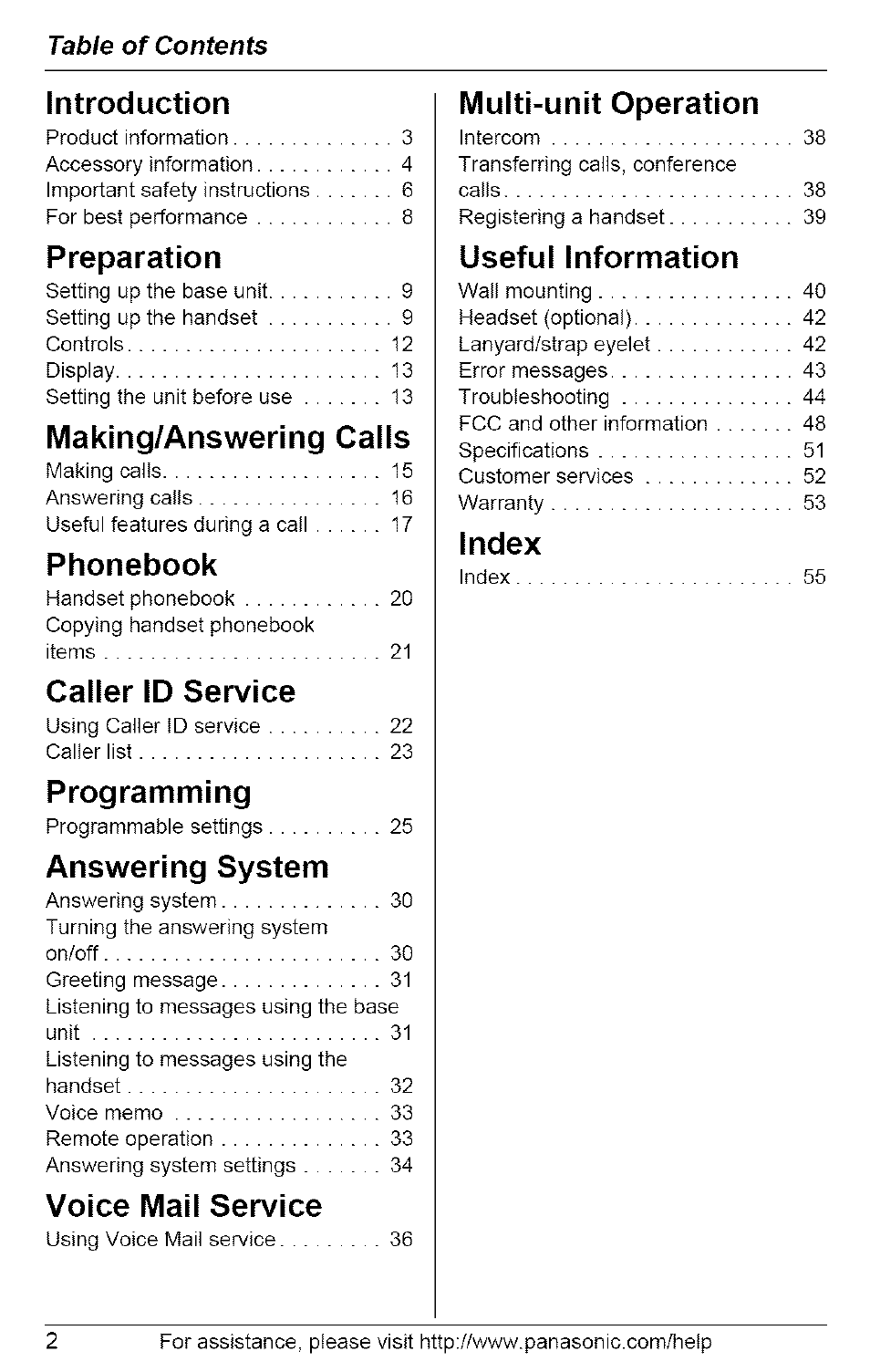 Introduction, Preparation, Making/answering calls | Phonebook, Caller id service, Programming, Answering system, Voice mail service, Multi-unit operation, Useful information | Panasonic 5.8 GHZ EXPANDABLE DIGITAL CORDLESS ANSWERING SYSTEM KX-TG6074 User Manual | Page 2 / 56