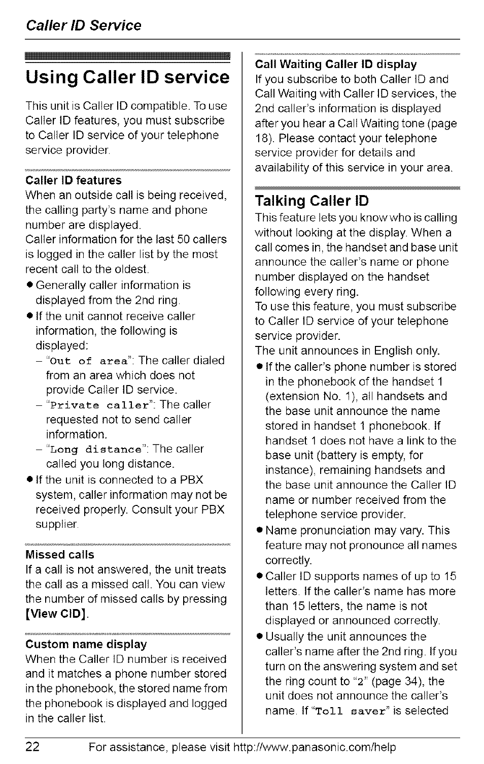 Using caller id service, Caller id features, Missed calls | Custom name display, Call waiting caller id display, Talking caller id, Caller id service | Panasonic 5.8 GHZ EXPANDABLE DIGITAL CORDLESS ANSWERING SYSTEM KX-TG6074 User Manual | Page 22 / 56