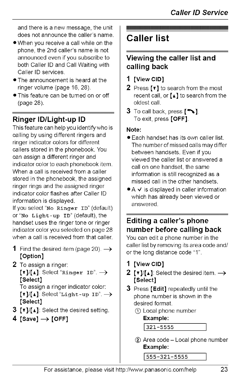 Ringer id/light-up id, 4 [save] ^ [off, Caller list | Viewing the caller list and calling back, 1 [view cio, Note, Caller id service | Panasonic 5.8 GHZ EXPANDABLE DIGITAL CORDLESS ANSWERING SYSTEM KX-TG6074 User Manual | Page 23 / 56