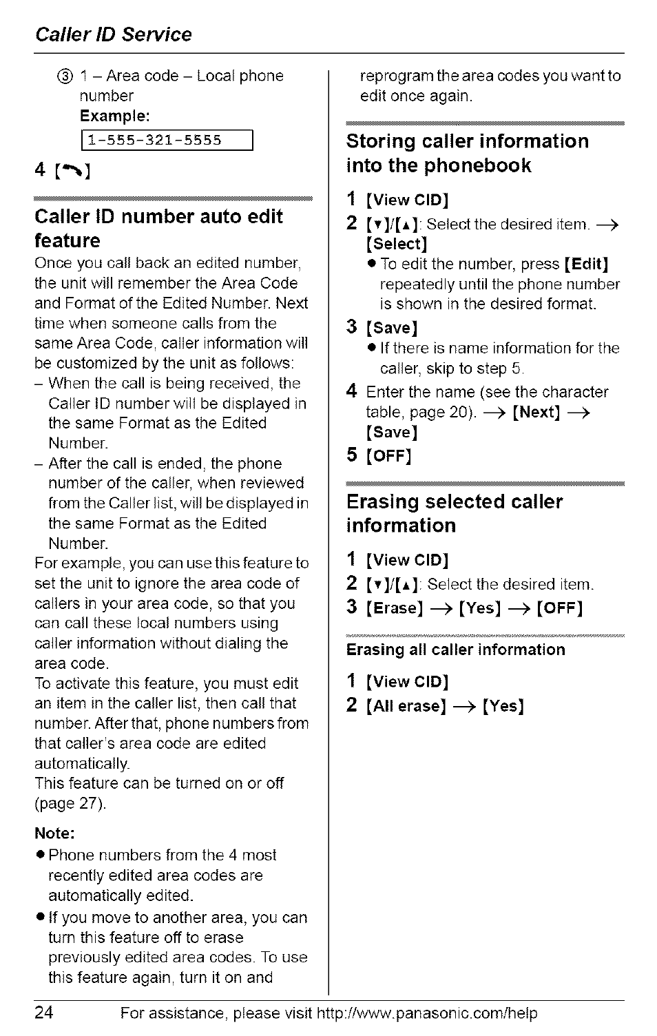 4 [-ч, Caller id number auto edit feature, Note | Storing caller information into the phonebook, 1 [viewcid, 3 [save, 5 [off, Erasing selected caller information, 3 [erase] ^ [yes] ^ [off, Erasing all caller information | Panasonic 5.8 GHZ EXPANDABLE DIGITAL CORDLESS ANSWERING SYSTEM KX-TG6074 User Manual | Page 24 / 56
