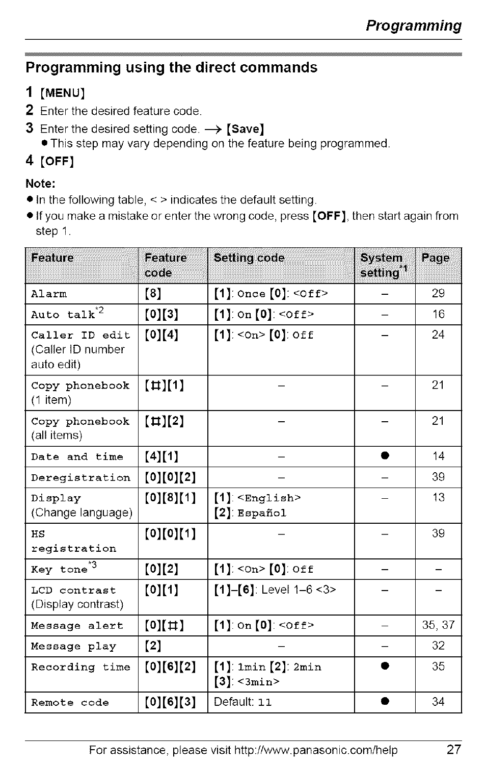 Programming using the direct commands, 1 [menu, 4 [off | Note, Programming programming using the direct commands | Panasonic 5.8 GHZ EXPANDABLE DIGITAL CORDLESS ANSWERING SYSTEM KX-TG6074 User Manual | Page 27 / 56