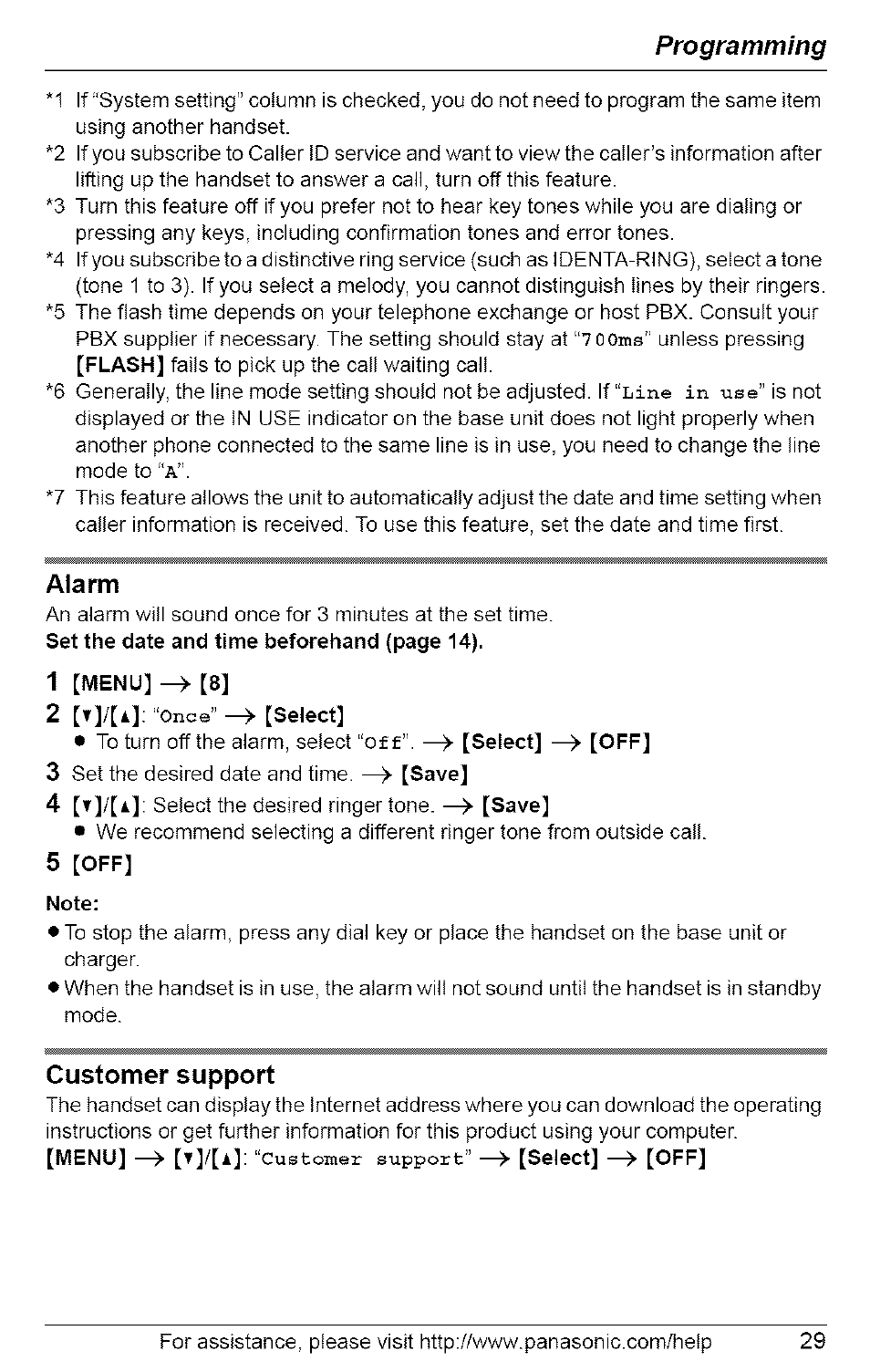 Alarm, 2 [t]/[i]: “once” —^ [select, 5 [off | Note, Customer support, Programming | Panasonic 5.8 GHZ EXPANDABLE DIGITAL CORDLESS ANSWERING SYSTEM KX-TG6074 User Manual | Page 29 / 56
