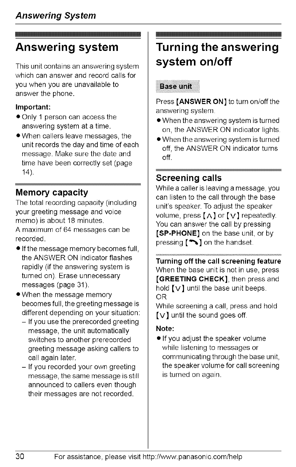 Answering system, Memory capacity, Turning the answering system on/off | Base unit, Screening calls, Turning off the call screening feature, Note | Panasonic 5.8 GHZ EXPANDABLE DIGITAL CORDLESS ANSWERING SYSTEM KX-TG6074 User Manual | Page 30 / 56