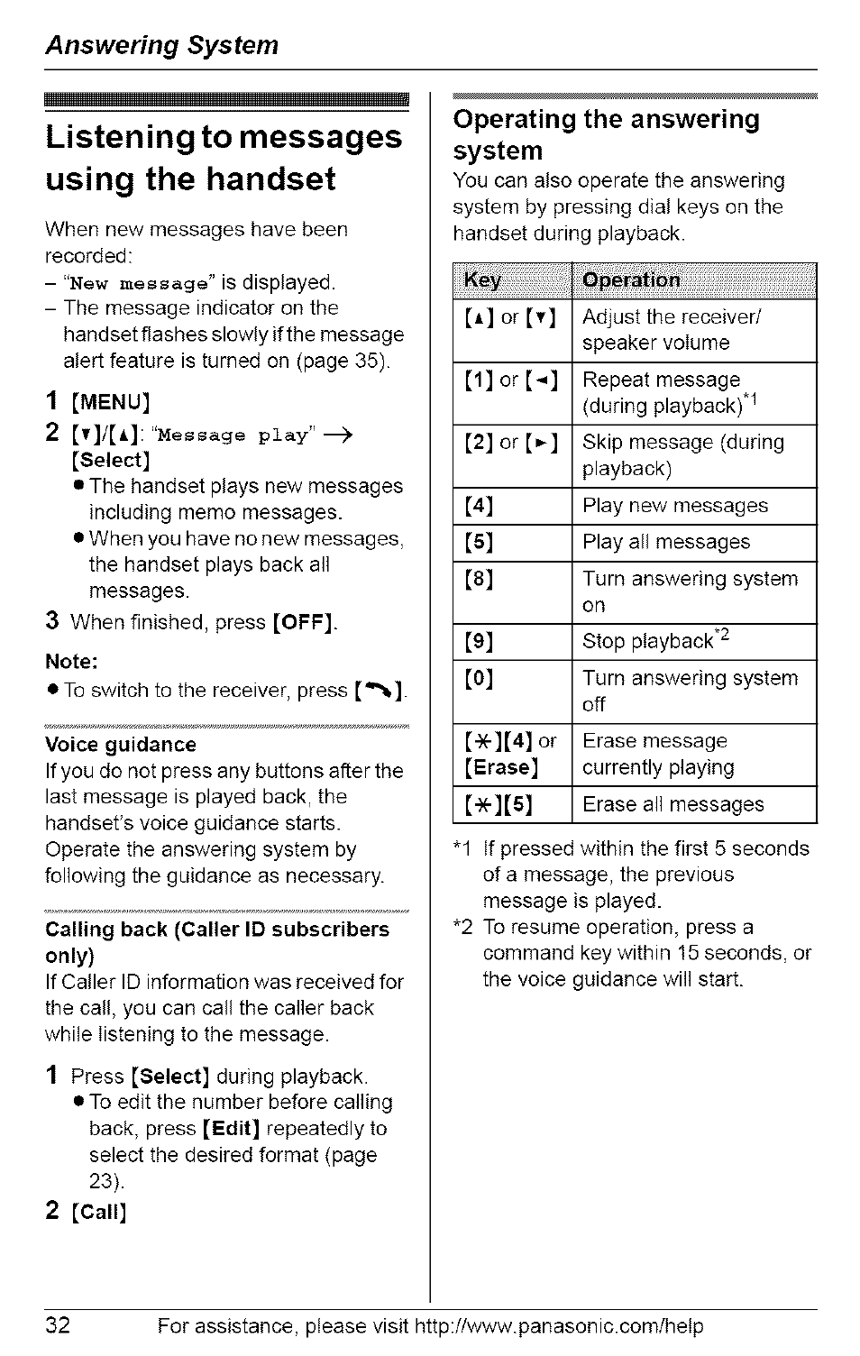 Listening to messages using the handset, 1 [menu, Note | Calling back (caller id subscribers only), 2 [call, Operating the answering system, Answering system | Panasonic 5.8 GHZ EXPANDABLE DIGITAL CORDLESS ANSWERING SYSTEM KX-TG6074 User Manual | Page 32 / 56