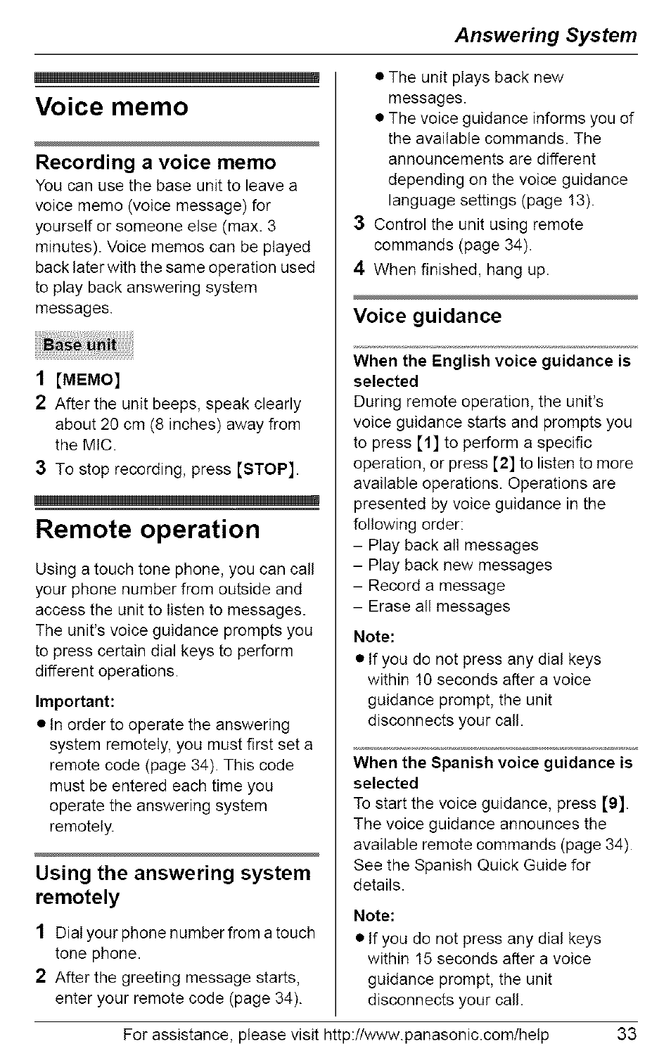 Voice memo, Recording a voice memo, Base unit | 1 [memo, Remote operation, Using the answering system remoteiy, Voice guidance, When the english voice guidance is selected, Note, When the spanish voice guidance is selected | Panasonic 5.8 GHZ EXPANDABLE DIGITAL CORDLESS ANSWERING SYSTEM KX-TG6074 User Manual | Page 33 / 56