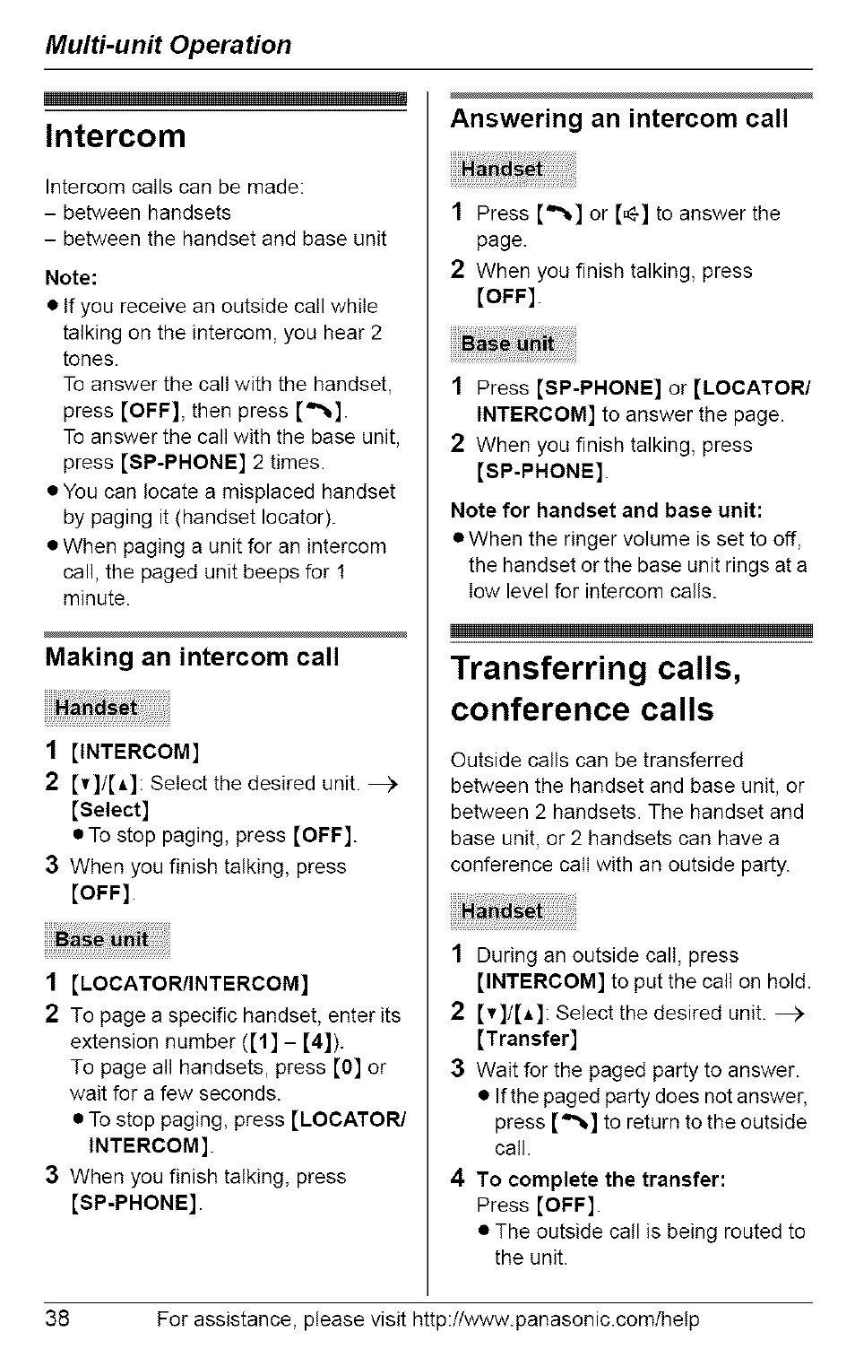 Intercom, Note, Making an intercom caii | Handset, 1 [intercom, Ease unit, 1 [locator/intercom, Answering an intercom call, Base unit, Note for handset and base unit | Panasonic 5.8 GHZ EXPANDABLE DIGITAL CORDLESS ANSWERING SYSTEM KX-TG6074 User Manual | Page 38 / 56