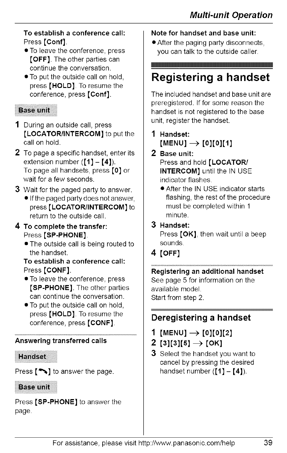 To establish a conference call, Base unit, 4 to complete the transfer | Answering transferred calls, Handset, Note for handset and base unit, Registering a handset, 1 handset, 2 base unit, 3 handset | Panasonic 5.8 GHZ EXPANDABLE DIGITAL CORDLESS ANSWERING SYSTEM KX-TG6074 User Manual | Page 39 / 56