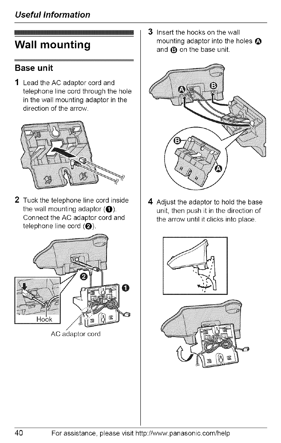 Wall mounting, Base unit, Useful information | Panasonic 5.8 GHZ EXPANDABLE DIGITAL CORDLESS ANSWERING SYSTEM KX-TG6074 User Manual | Page 40 / 56