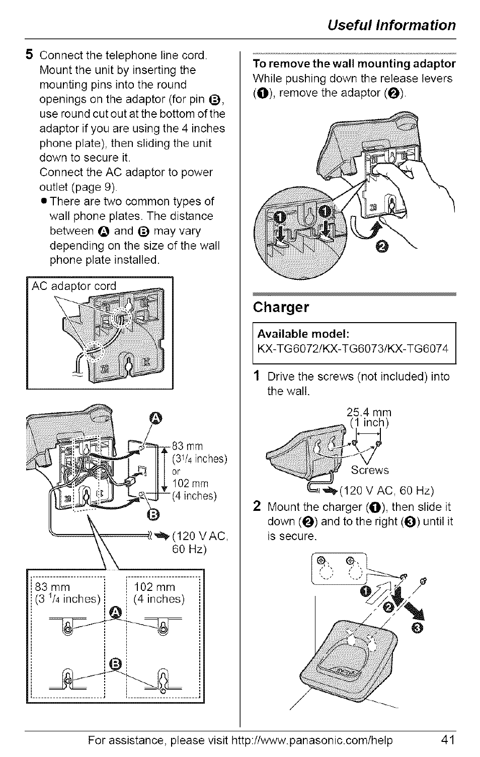To remove the wall mounting adaptor, Charger, Useful information | Panasonic 5.8 GHZ EXPANDABLE DIGITAL CORDLESS ANSWERING SYSTEM KX-TG6074 User Manual | Page 41 / 56