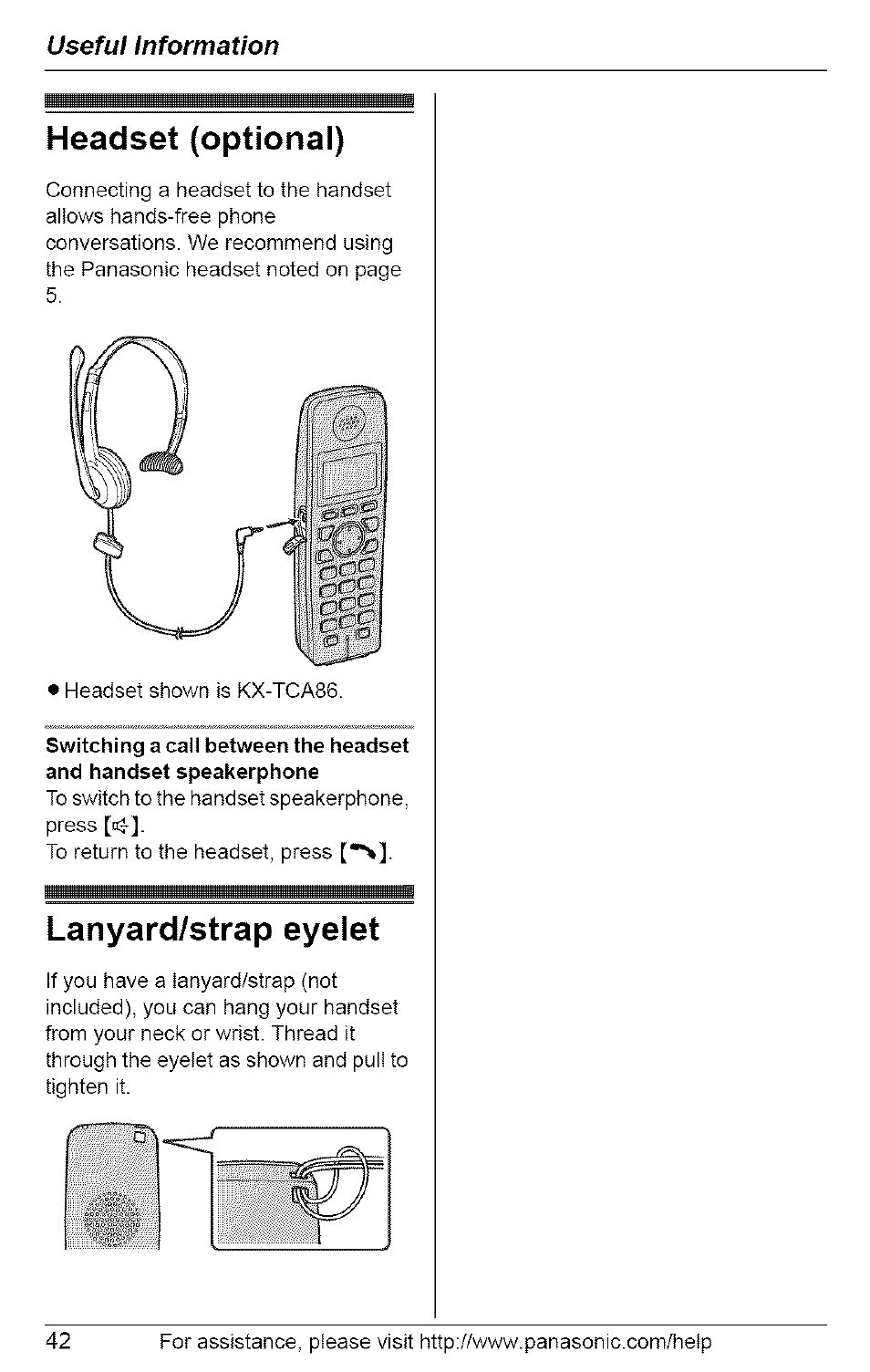 Headset (optional), Lanyard/strap eyelet, Headset (optional) lanyard/strap eyelet | Panasonic 5.8 GHZ EXPANDABLE DIGITAL CORDLESS ANSWERING SYSTEM KX-TG6074 User Manual | Page 42 / 56