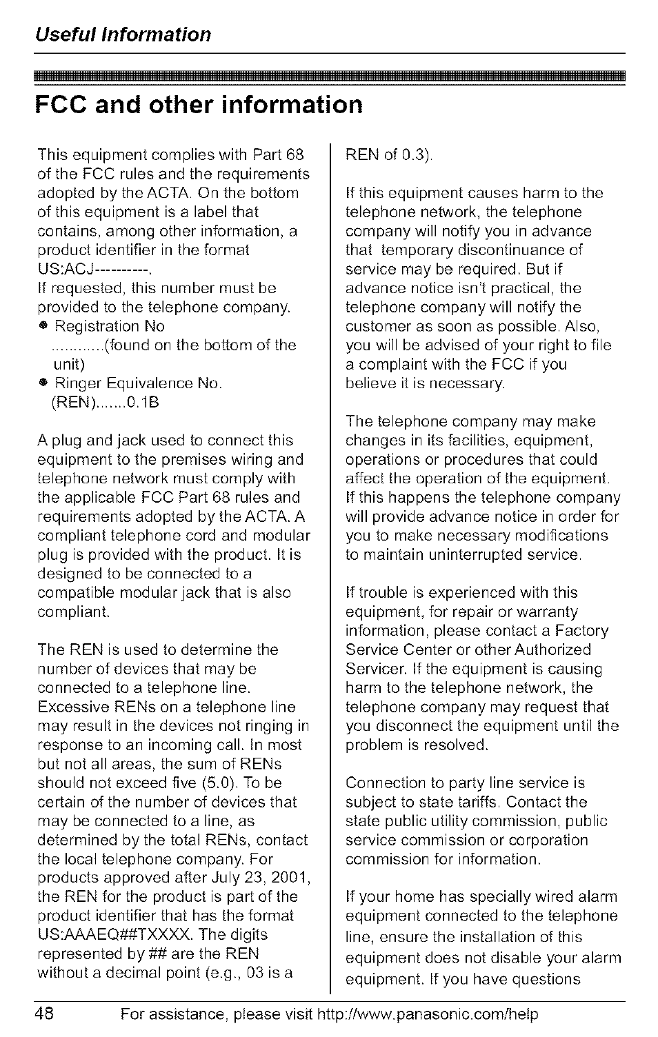 Fcc and other information, Useful information | Panasonic 5.8 GHZ EXPANDABLE DIGITAL CORDLESS ANSWERING SYSTEM KX-TG6074 User Manual | Page 48 / 56