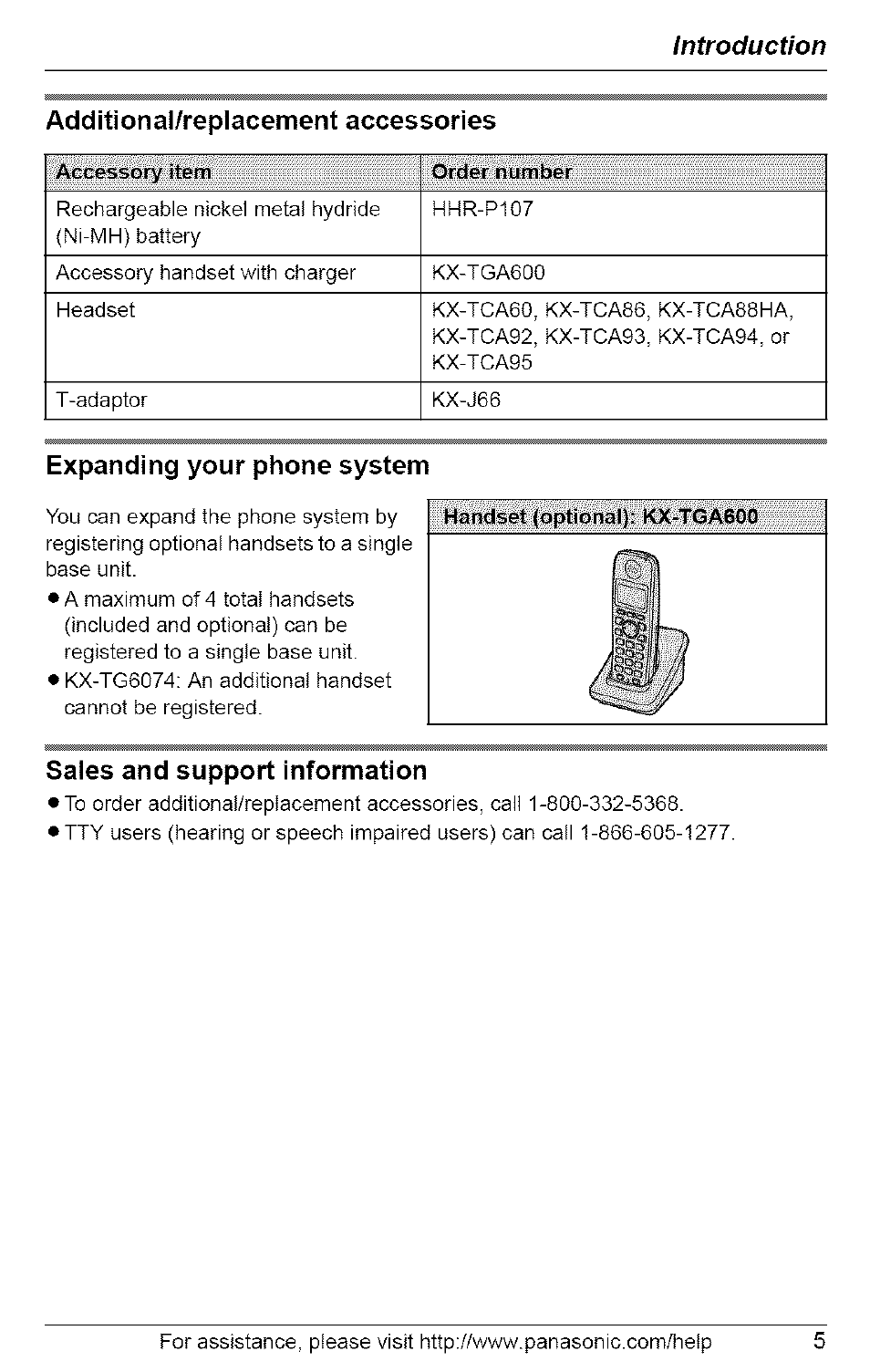 Additional/replacement accessories, Expanding your phone system, Sales and support information | Introduction additional/replacement accessories | Panasonic 5.8 GHZ EXPANDABLE DIGITAL CORDLESS ANSWERING SYSTEM KX-TG6074 User Manual | Page 5 / 56