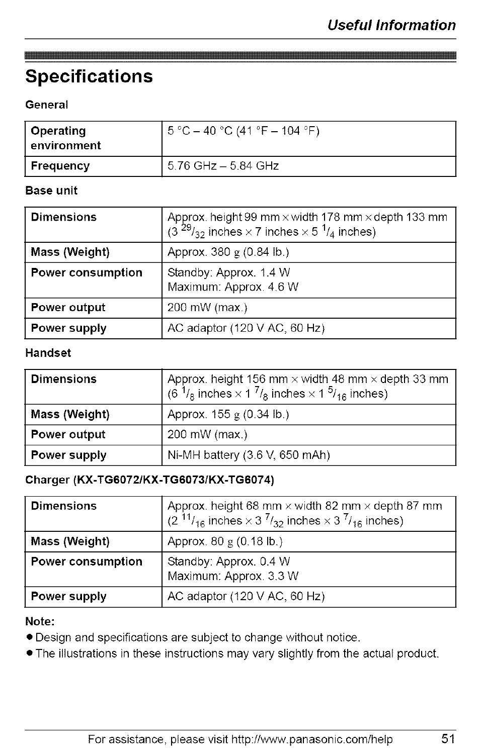 Specifications, General, Note | Useful information | Panasonic 5.8 GHZ EXPANDABLE DIGITAL CORDLESS ANSWERING SYSTEM KX-TG6074 User Manual | Page 51 / 56
