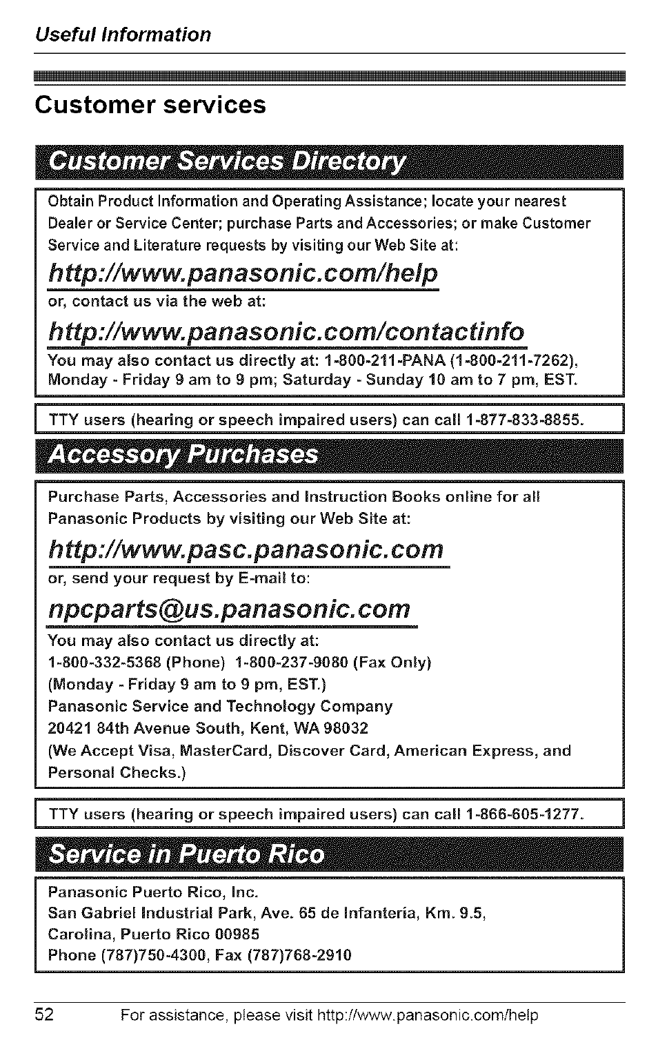 Customer services, Customer services directory, Accessory purchases | Npcparts@us.panasonic, com, Service in puerto rico | Panasonic 5.8 GHZ EXPANDABLE DIGITAL CORDLESS ANSWERING SYSTEM KX-TG6074 User Manual | Page 52 / 56