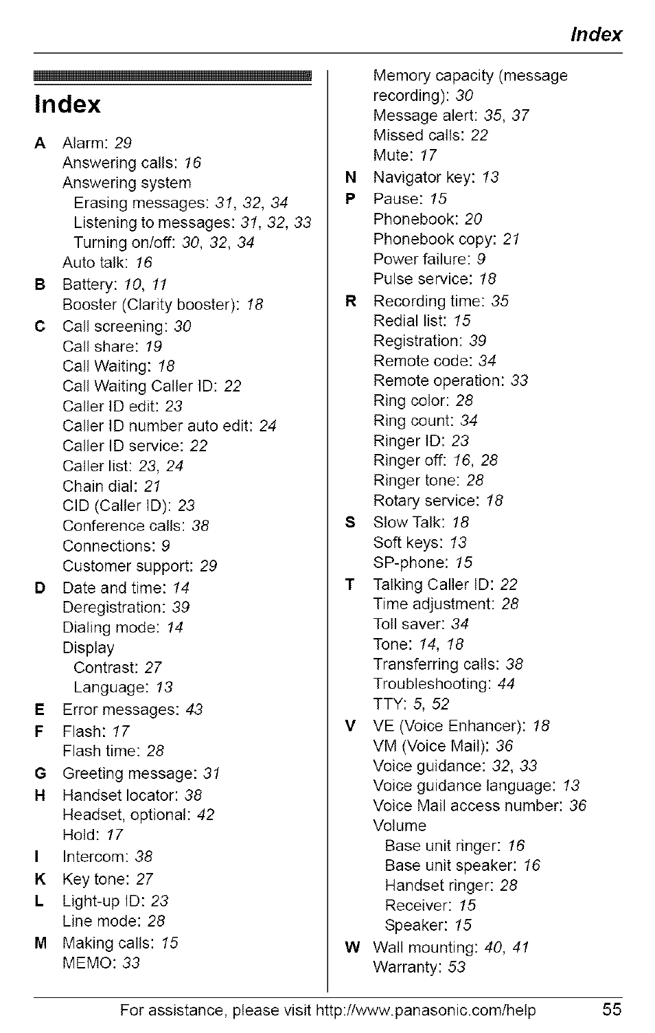 Index | Panasonic 5.8 GHZ EXPANDABLE DIGITAL CORDLESS ANSWERING SYSTEM KX-TG6074 User Manual | Page 55 / 56