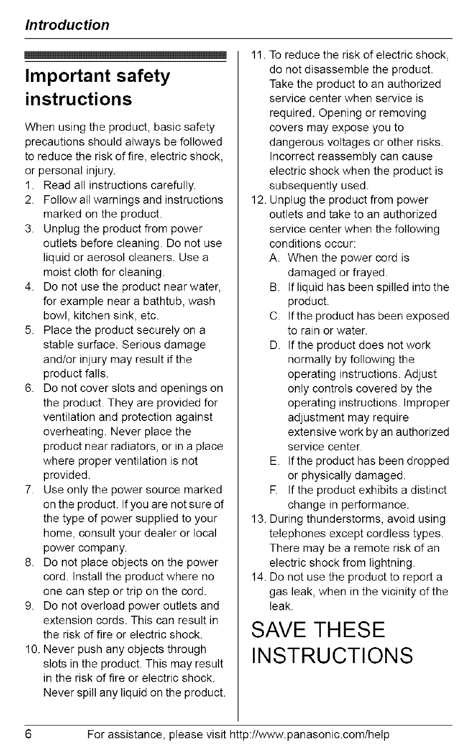 Important safety instructions, Save these instructions, Introduction | Panasonic 5.8 GHZ EXPANDABLE DIGITAL CORDLESS ANSWERING SYSTEM KX-TG6074 User Manual | Page 6 / 56