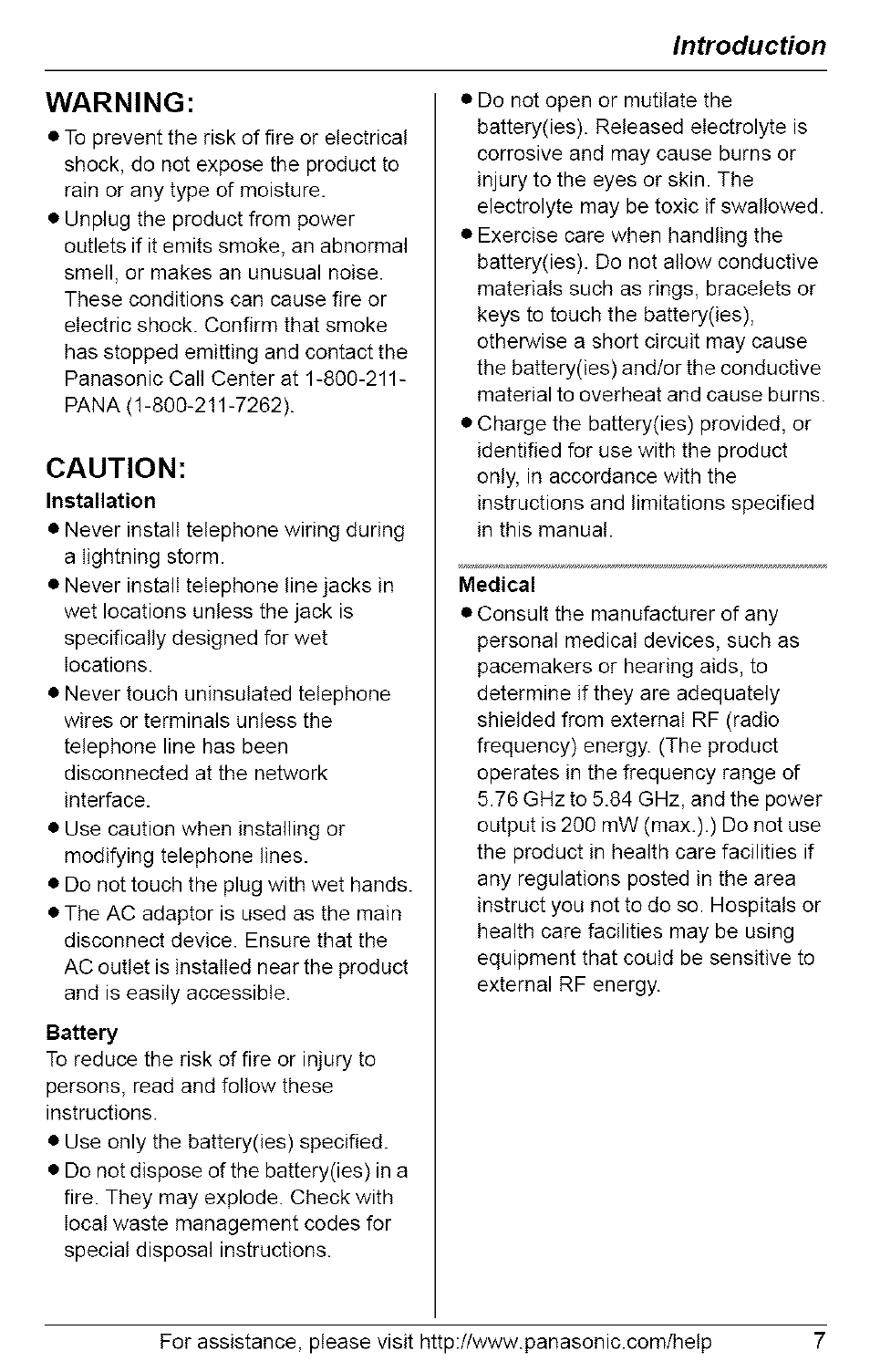 Warning, Caution, Battery | Medical, Introduction warning | Panasonic 5.8 GHZ EXPANDABLE DIGITAL CORDLESS ANSWERING SYSTEM KX-TG6074 User Manual | Page 7 / 56