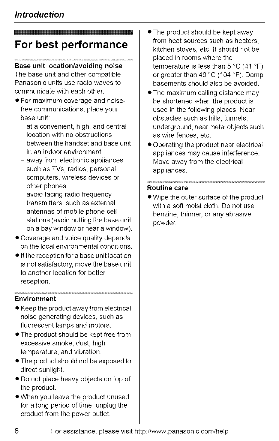 For best performance, Base unit iocation/avoiding noise, Environment | Routine care, Introduction | Panasonic 5.8 GHZ EXPANDABLE DIGITAL CORDLESS ANSWERING SYSTEM KX-TG6074 User Manual | Page 8 / 56