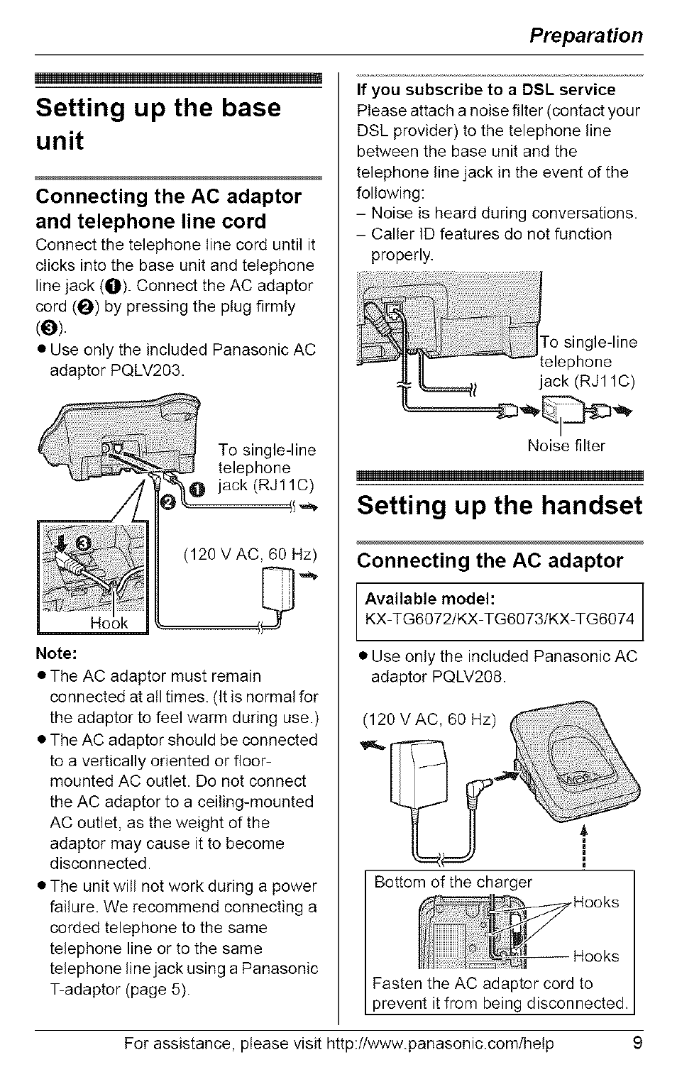 Setting up the base unit, Connecting the ac adaptor and telephone line cord, Note | If you subscribe to a dsl service, Setting up the handset, Connecting the ac adaptor, Setting up the base unit setting up the handset, Preparation | Panasonic 5.8 GHZ EXPANDABLE DIGITAL CORDLESS ANSWERING SYSTEM KX-TG6074 User Manual | Page 9 / 56