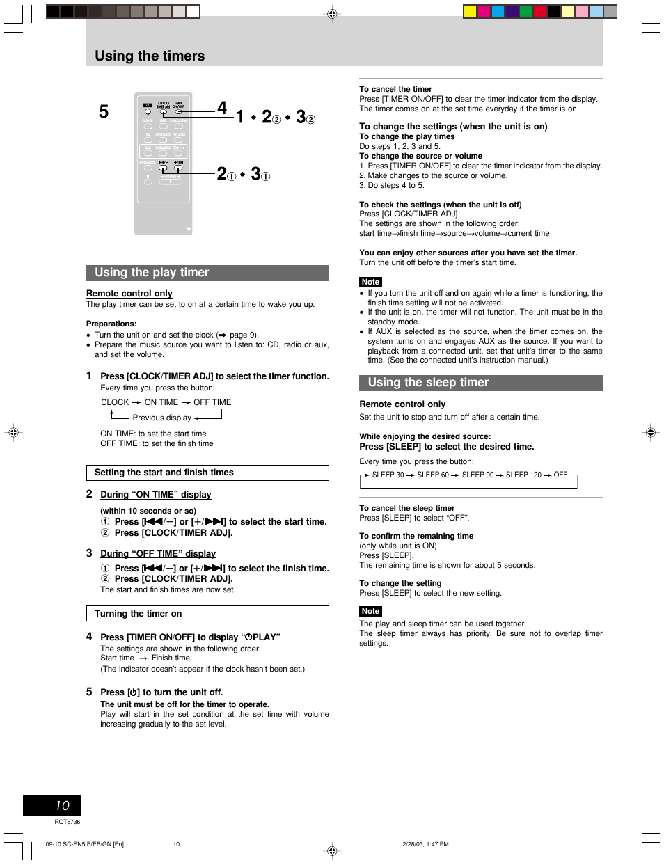 Using the timers, Using the sleep timer, Using the play timer | Panasonic SC-EN5 User Manual | Page 10 / 12