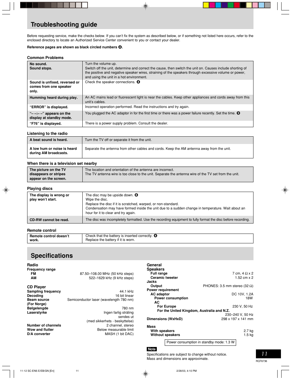 Troubleshooting guide, Specifications | Panasonic SC-EN5 User Manual | Page 11 / 12
