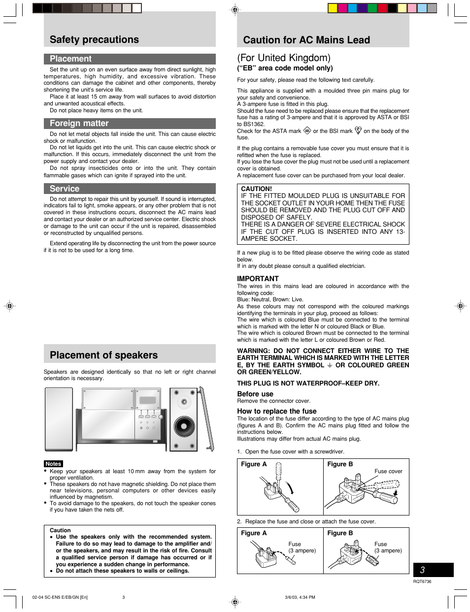 Safety precautions placement of speakers, For united kingdom), Caution for ac mains lead | 3placement, Foreign matter, Service | Panasonic SC-EN5 User Manual | Page 3 / 12