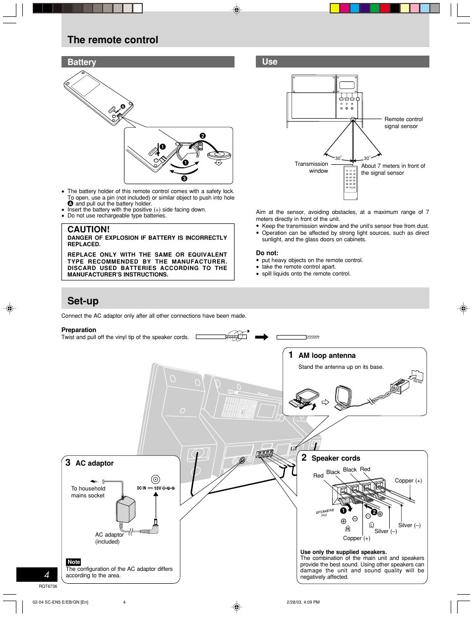 The remote control, Set-up, 4battery | Use caution | Panasonic SC-EN5 User Manual | Page 4 / 12