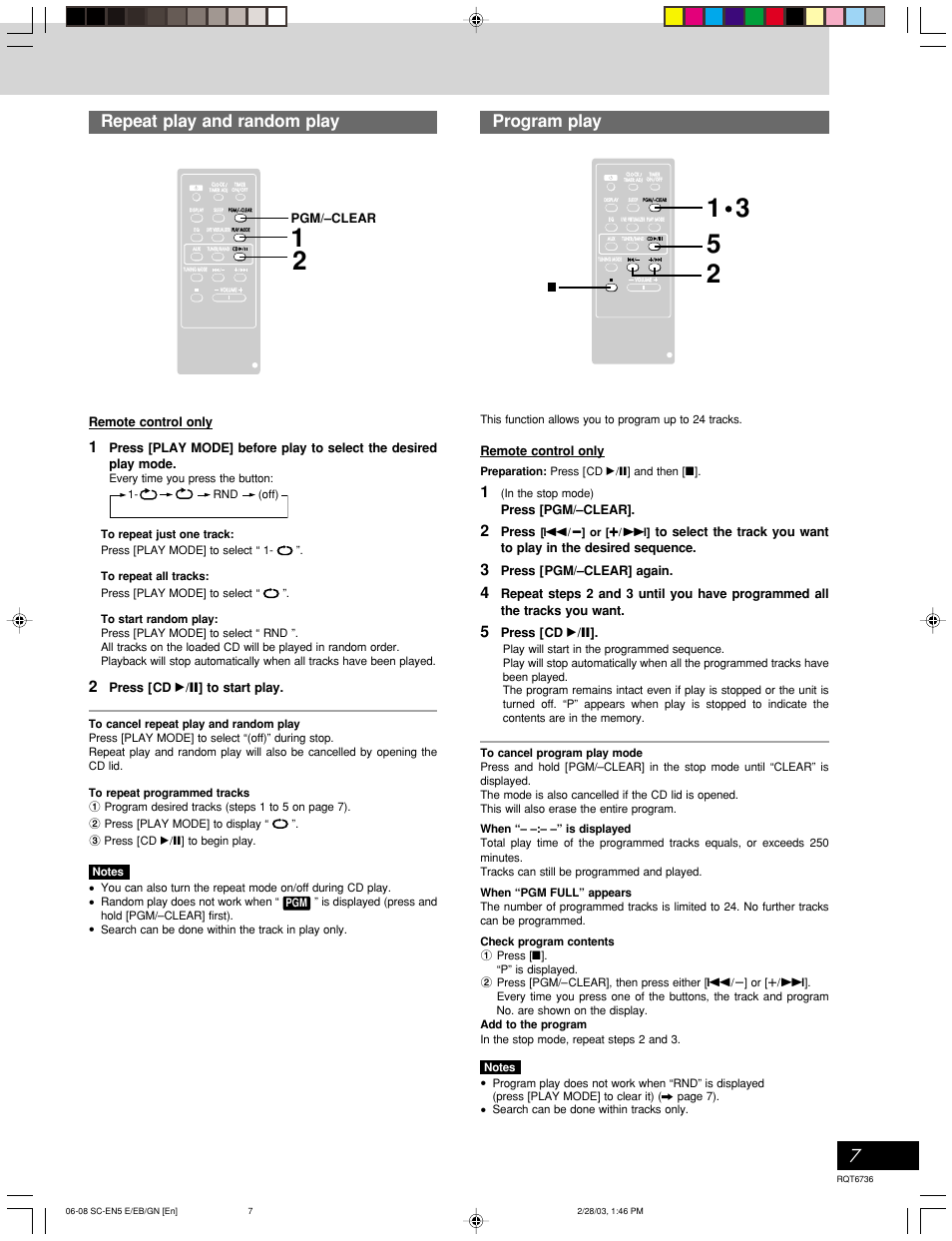 7repeat play and random play program play, Recording operations cassette deck operations, Remote control only | Press [pgm/–clear, Press, Press [pgm/–clear] again, Press [cd : / j, Pgm/–clear, Press [cd : / j ] to start play | Panasonic SC-EN5 User Manual | Page 7 / 12