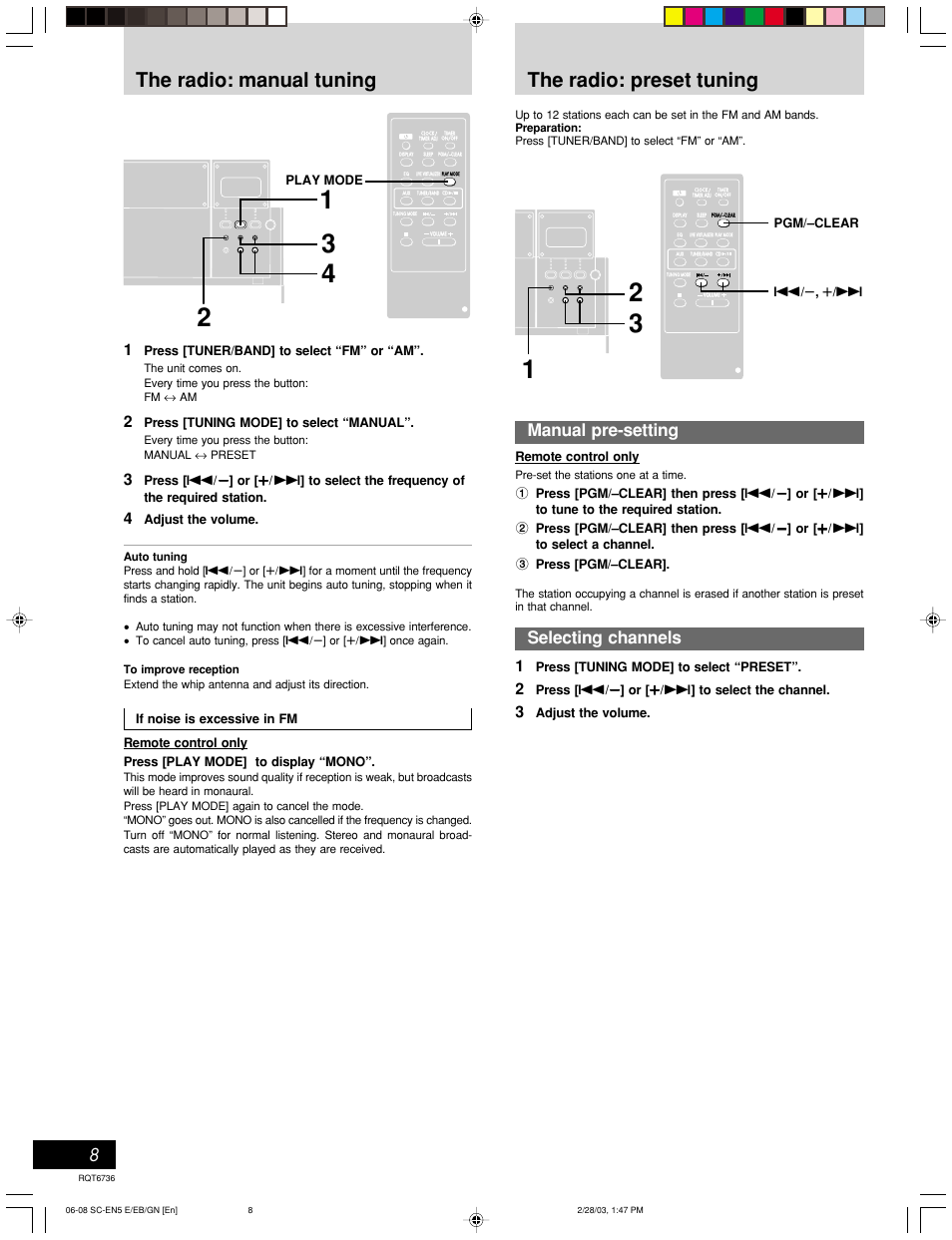 The radio: manual tuning, The radio: preset tuning, Manual pre-setting | Selecting channels, Cassette deck operations | Panasonic SC-EN5 User Manual | Page 8 / 12