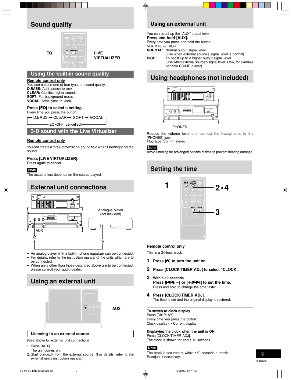 Setting the time, Sound quality, Using headphones (not included) | External unit connections, Using an external unit, Using the built-in sound quality, D sound with the live virtualizer, Timer operations, Reference | Panasonic SC-EN5 User Manual | Page 9 / 12