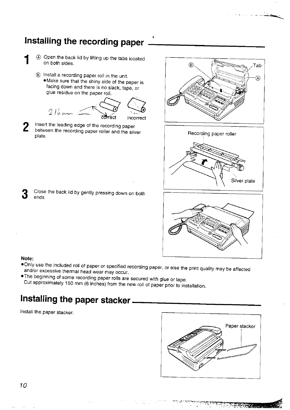 Installing the recording paper, Note, Installing the paper stacker | Panasonic KX-F2781NZ User Manual | Page 10 / 82