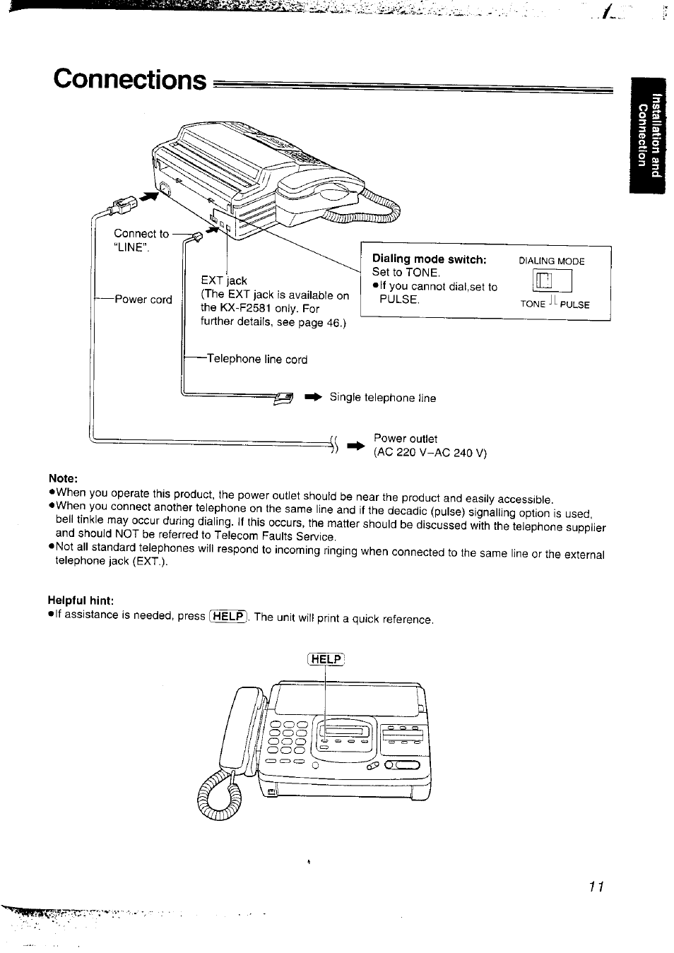 Connections, Note, Helpful hint | Panasonic KX-F2781NZ User Manual | Page 11 / 82